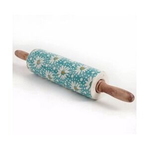 Pioneer Woman Blue Daisy Ceramic Rolling Pin w Wood Handles - Retired Never Used